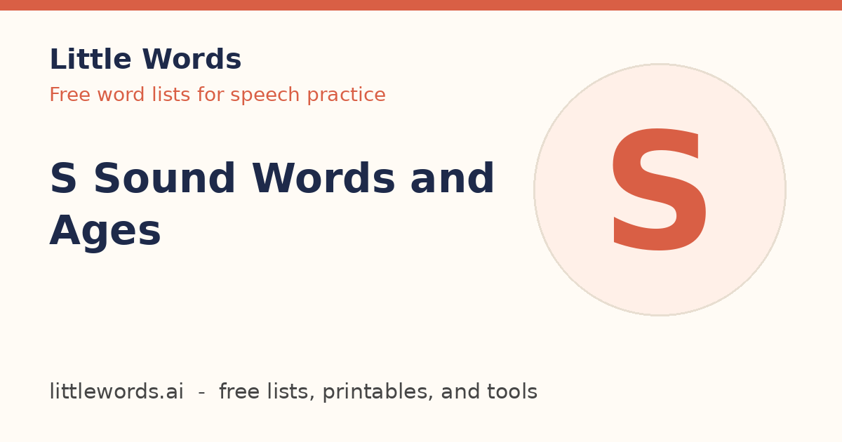 S Sound Words and Ages, Little Words illustrated card