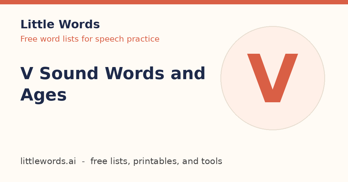 V Sound Words and Ages, Little Words illustrated card