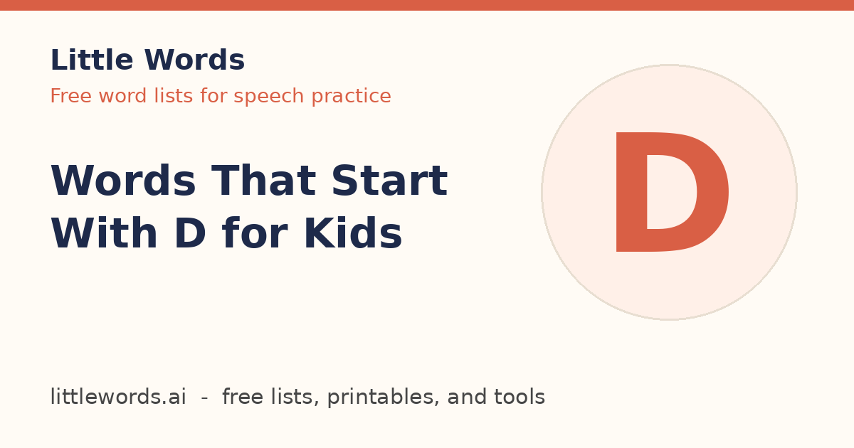 Words That Start With D for Kids, Little Words illustrated card