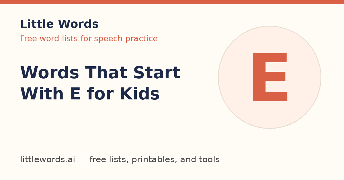 Words That Start With E for Kids, Little Words illustrated card