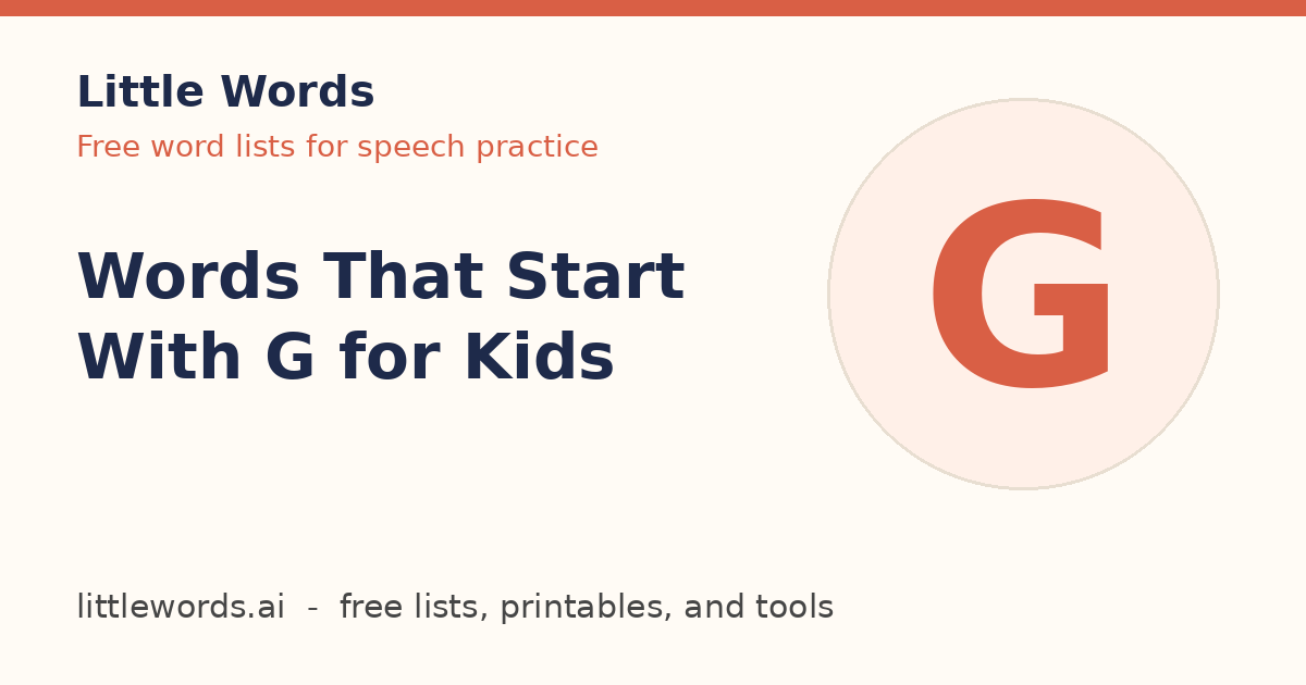 Words That Start With G for Kids, Little Words illustrated card