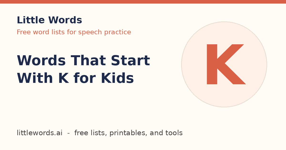 Words That Start With K for Kids, Little Words illustrated card