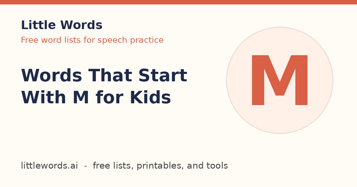 Words That Start With M for Kids, Little Words illustrated card