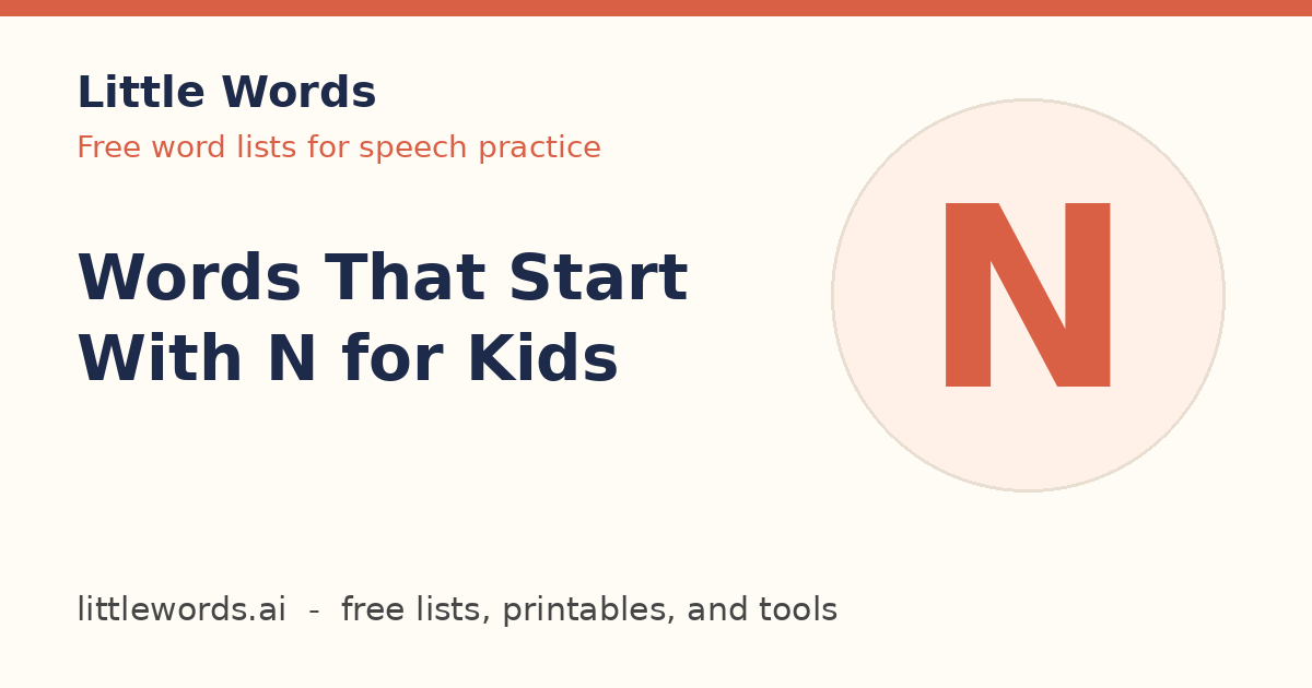 Words That Start With N for Kids, Little Words illustrated card