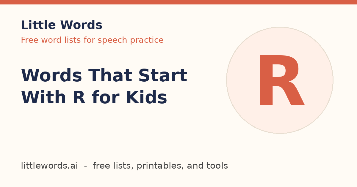 Words That Start With R for Kids, Little Words illustrated card