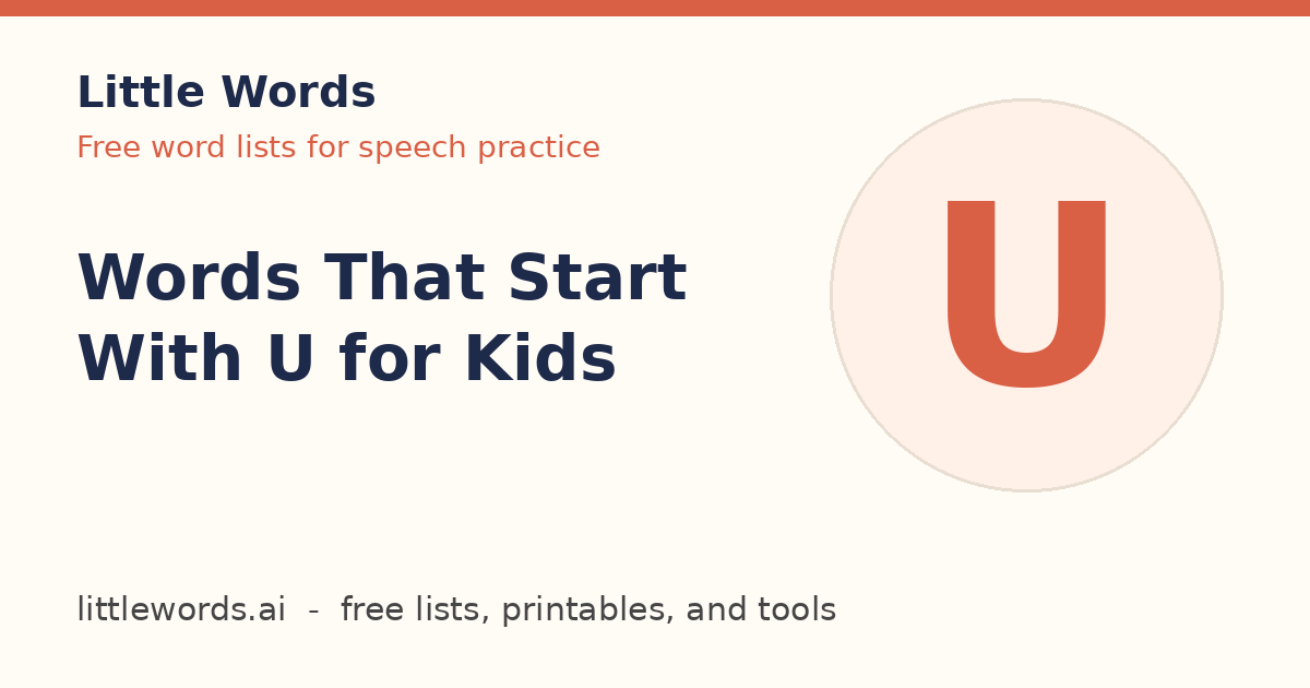 Words That Start With U for Kids, Little Words illustrated card