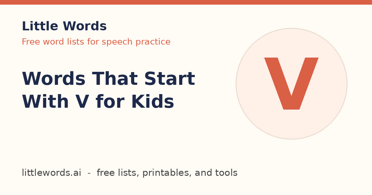 Words That Start With V for Kids, Little Words illustrated card