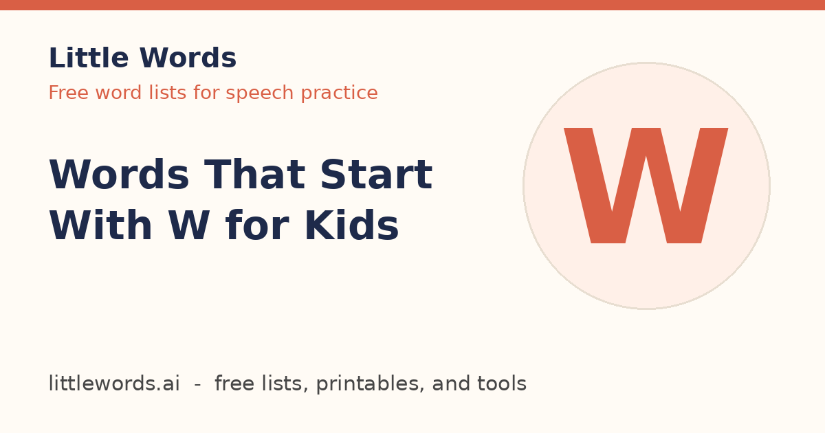 Words That Start With W for Kids, Little Words illustrated card