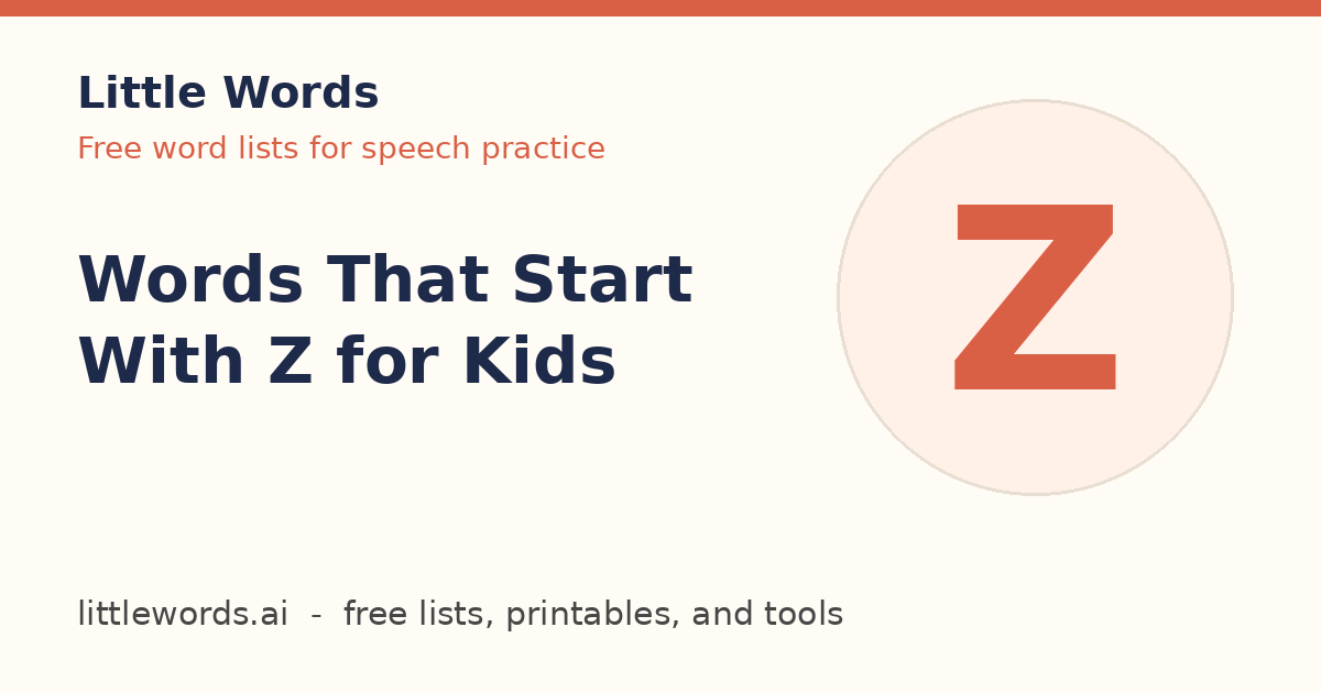 Words That Start With Z for Kids, Little Words illustrated card