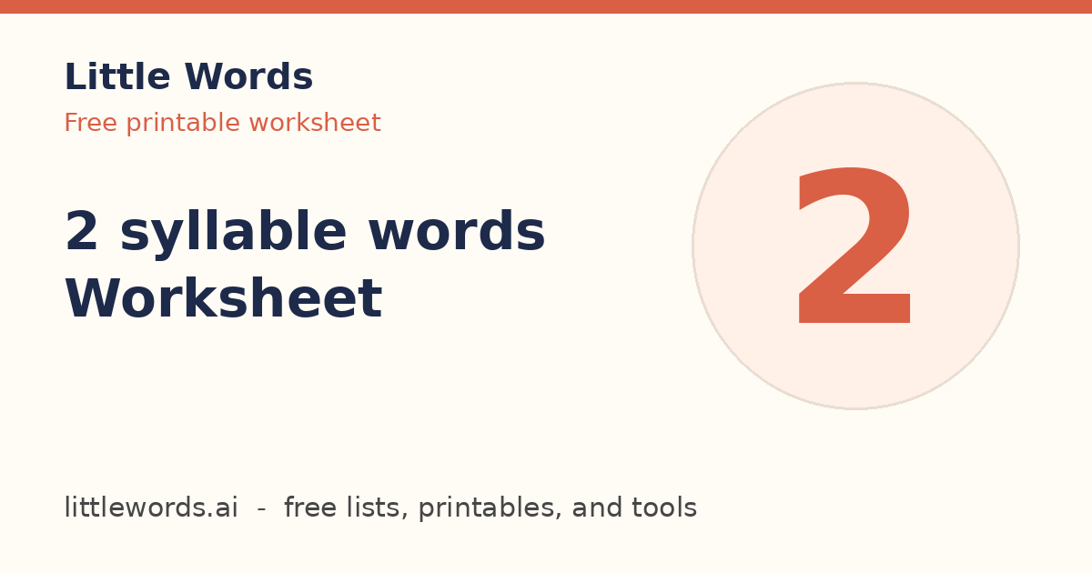 2 syllable words Worksheet, Little Words illustrated card