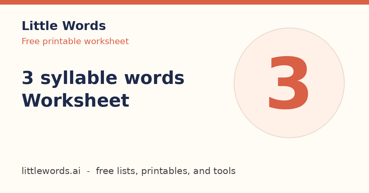 3 syllable words Worksheet, Little Words illustrated card