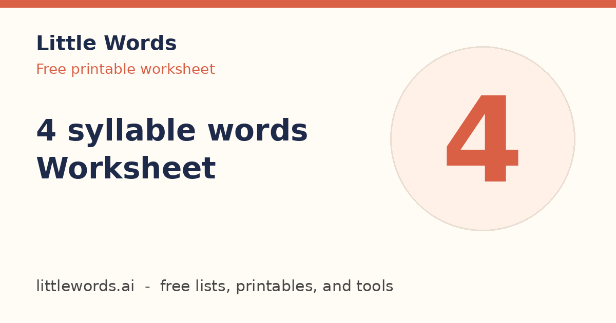 4 syllable words Worksheet, Little Words illustrated card