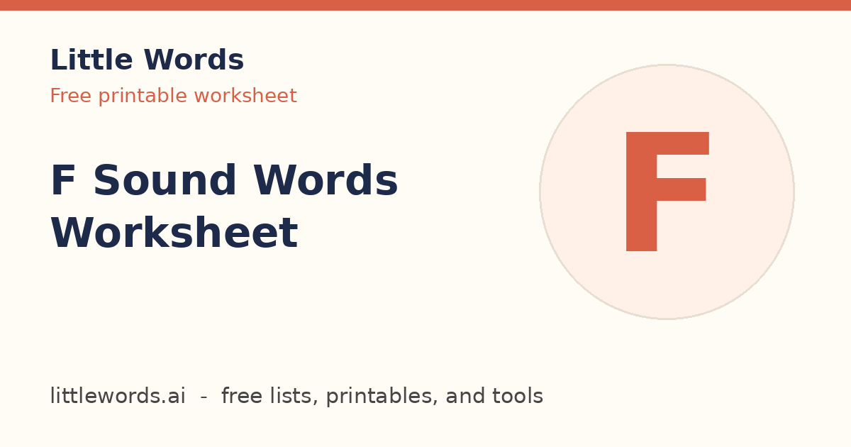 F Sound Words Worksheet, Little Words illustrated card