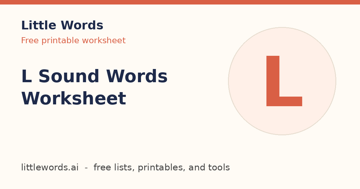 L Sound Words Worksheet, Little Words illustrated card