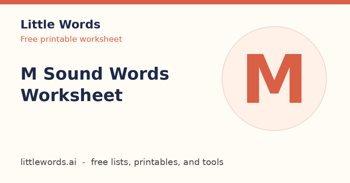 M Sound Words Worksheet, Little Words illustrated card