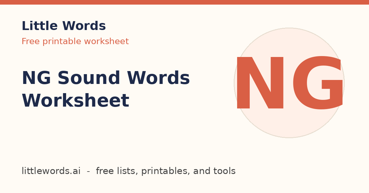 NG Sound Words Worksheet, Little Words illustrated card