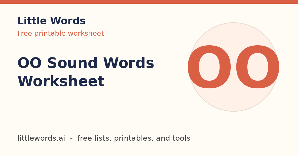 OO Sound Words Worksheet, Little Words illustrated card