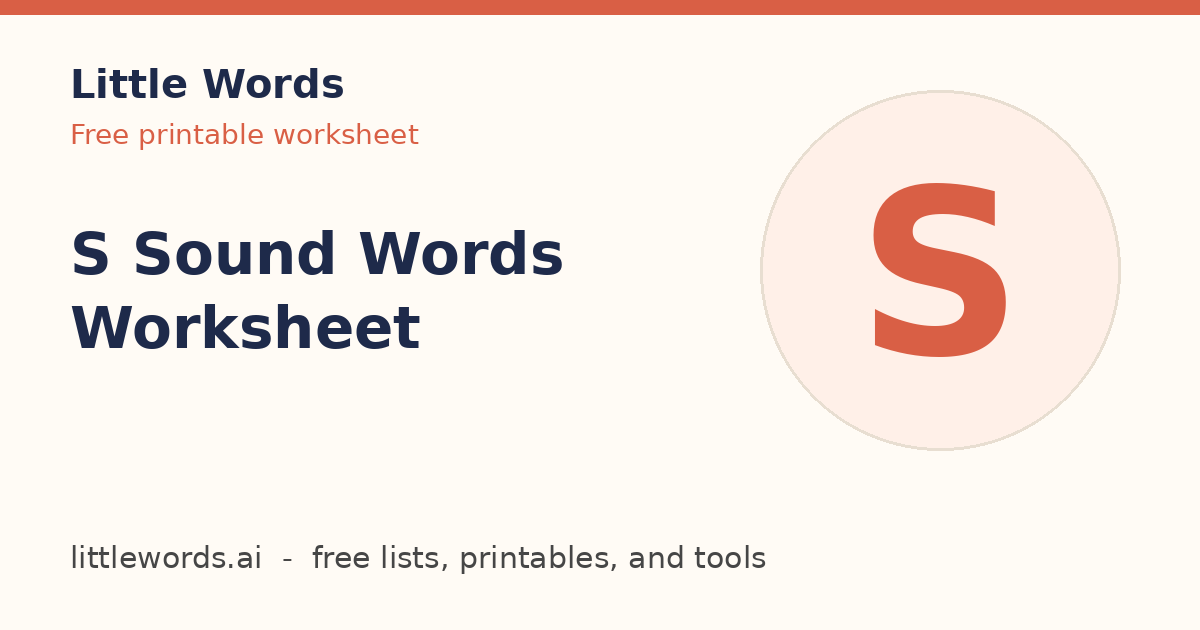 S Sound Words Worksheet, Little Words illustrated card