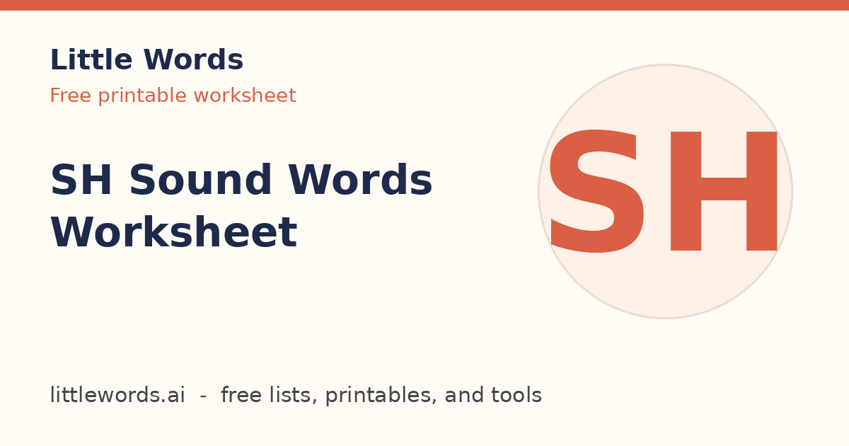 SH Sound Words Worksheet, Little Words illustrated card