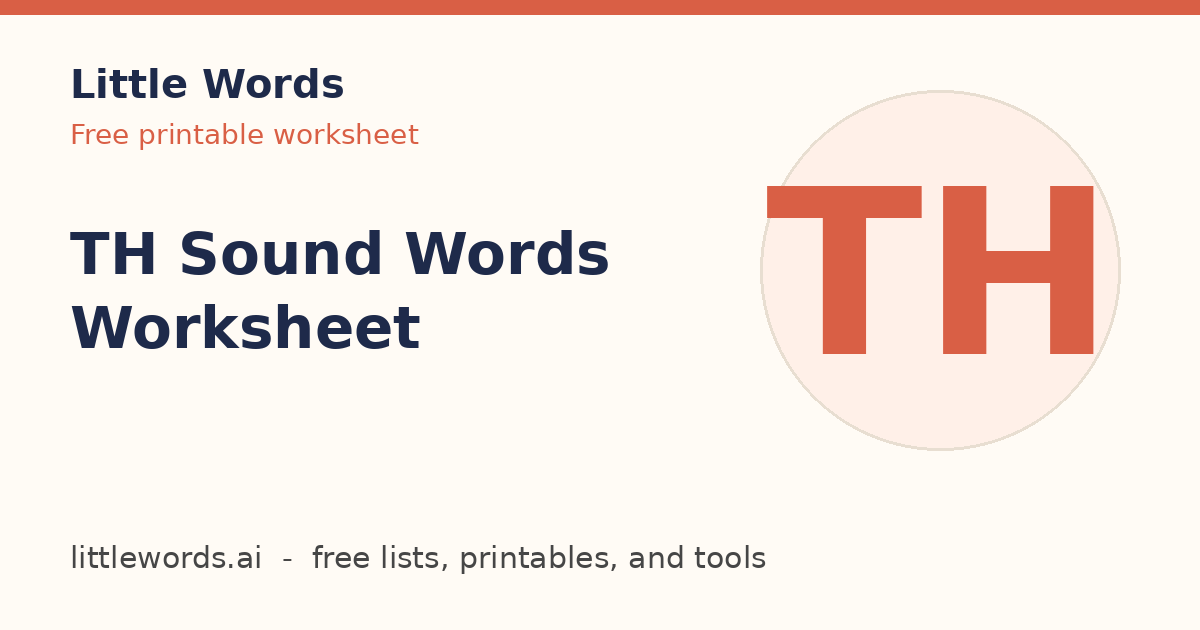 TH Sound Words Worksheet, Little Words illustrated card