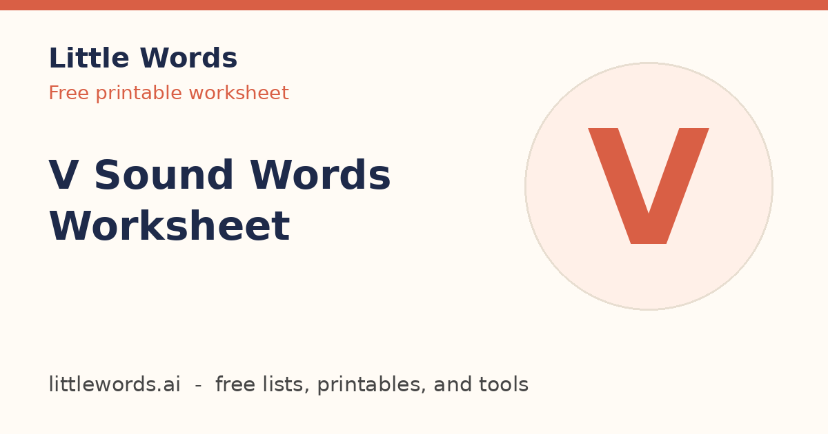 V Sound Words Worksheet, Little Words illustrated card