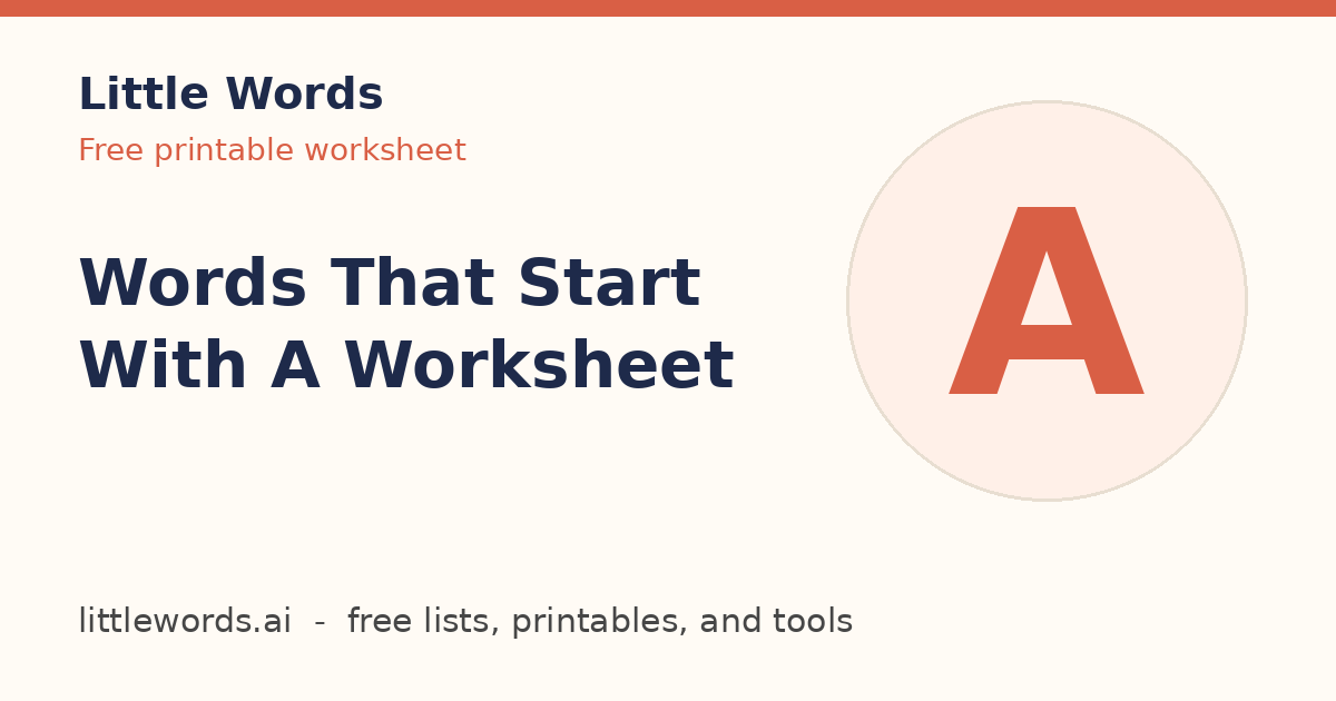 Words That Start With A Worksheet, Little Words illustrated card