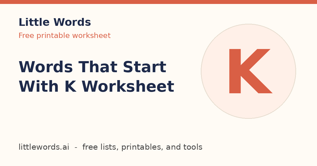 Words That Start With K Worksheet, Little Words illustrated card