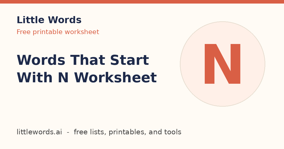 Words That Start With N Worksheet, Little Words illustrated card