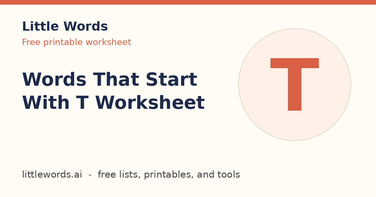 Words That Start With T Worksheet, Little Words illustrated card