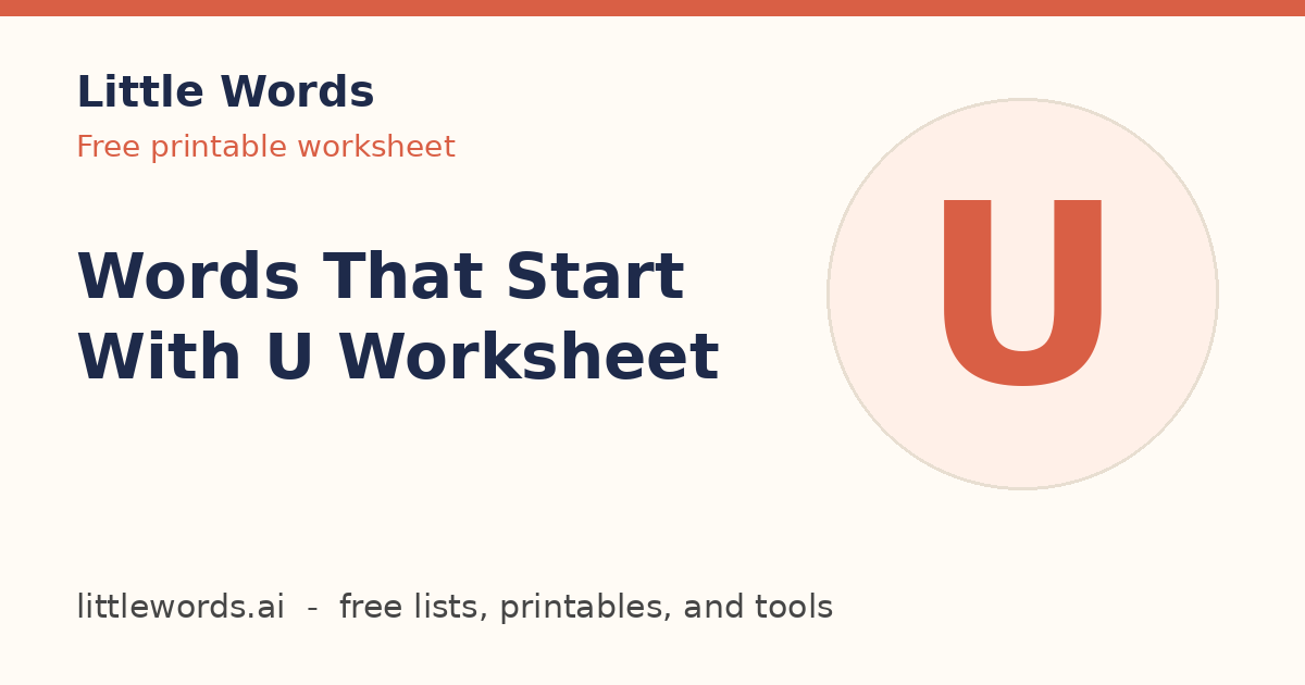 Words That Start With U Worksheet, Little Words illustrated card