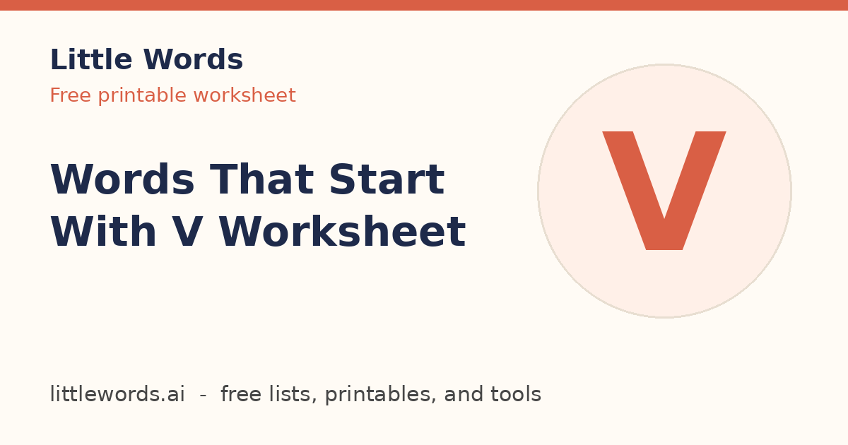 Words That Start With V Worksheet, Little Words illustrated card