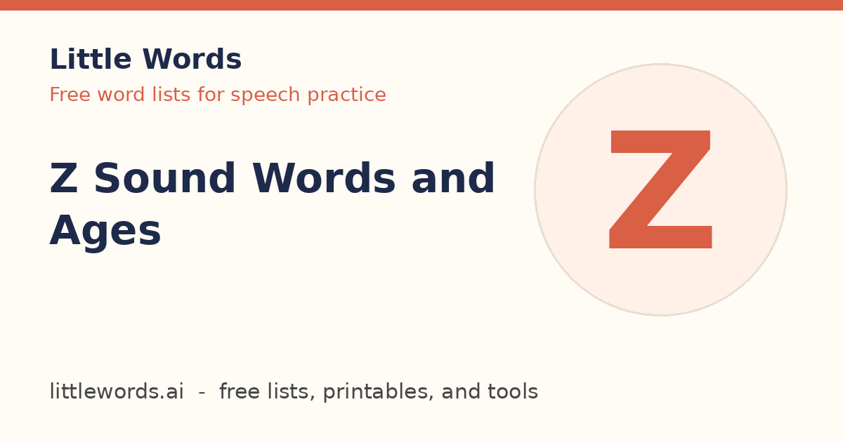 Z Sound Words and Ages, Little Words illustrated card