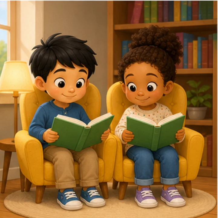 Two named children reading together in the matched Pronoun Actions card set