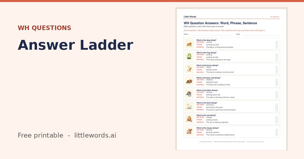 Action Verbs Answer Ladder, a Little Words printable