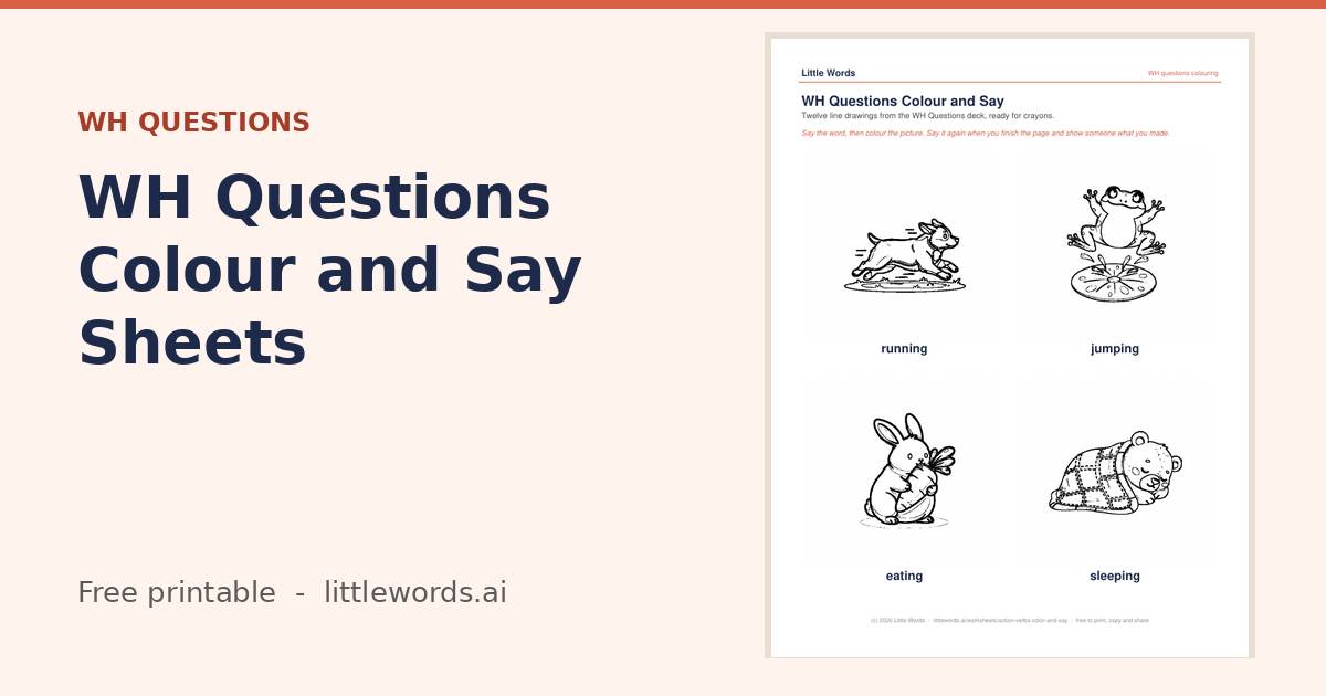 Action Verbs Colour and Say Sheets, a Little Words printable