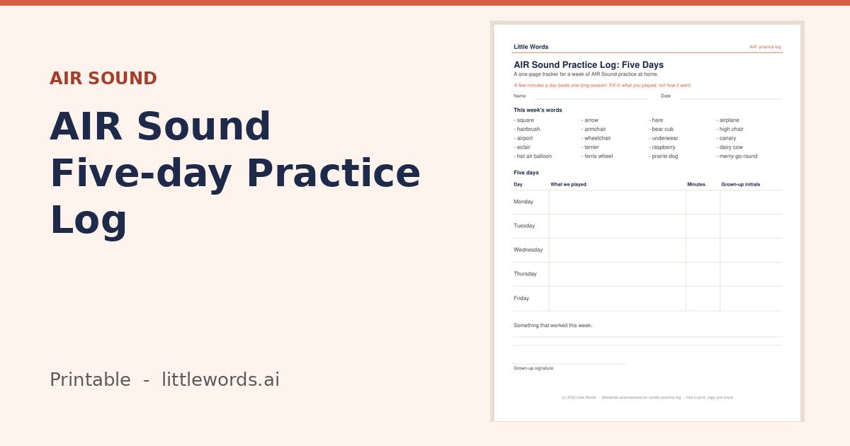 AIR Sound Five-day Practice Log, a Little Words printable