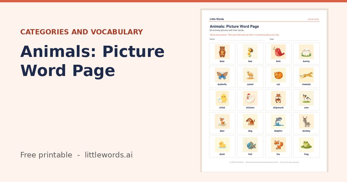 Animals: Picture Word Page, a free Little Words printable