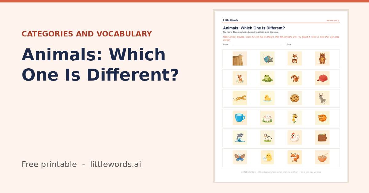 Animals: Which One Is Different?, a free Little Words printable
