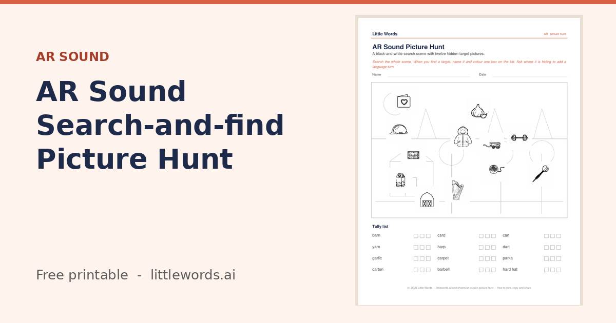 AR Sound Search-and-find Picture Hunt, a Little Words printable