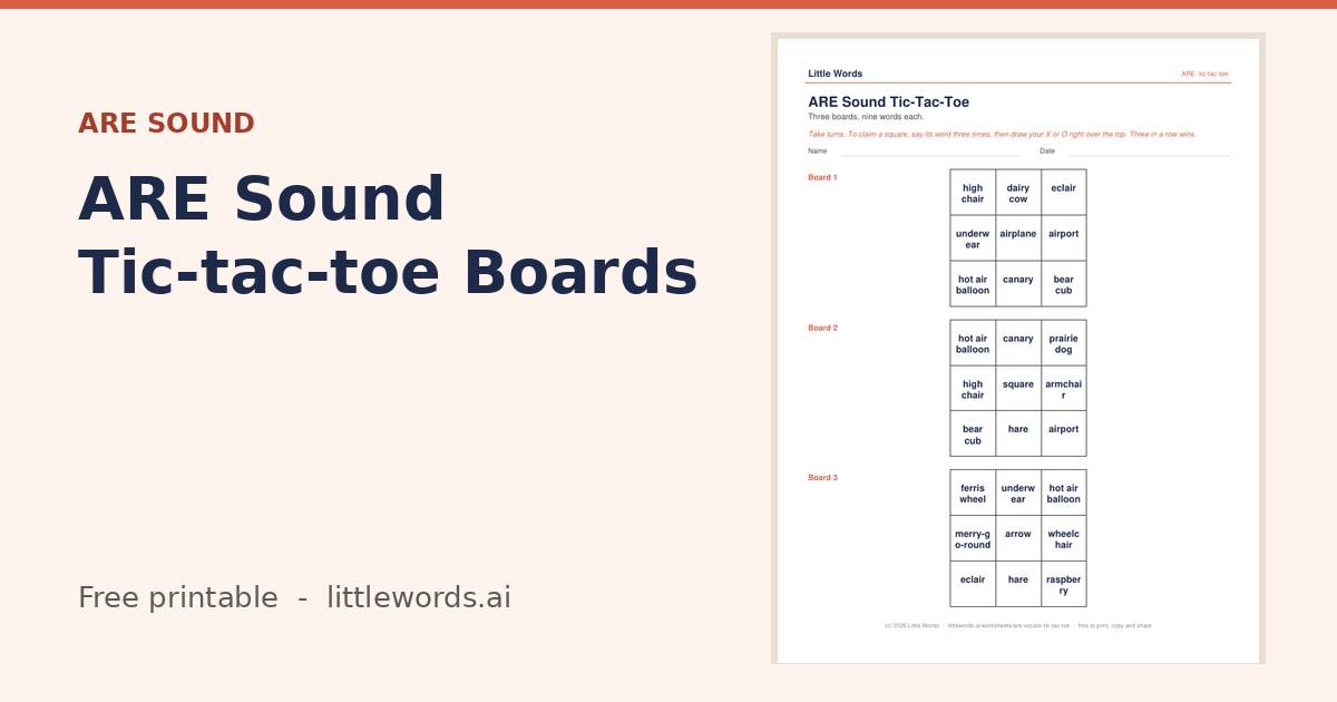 ARE Sound Tic-tac-toe Boards, a Little Words printable