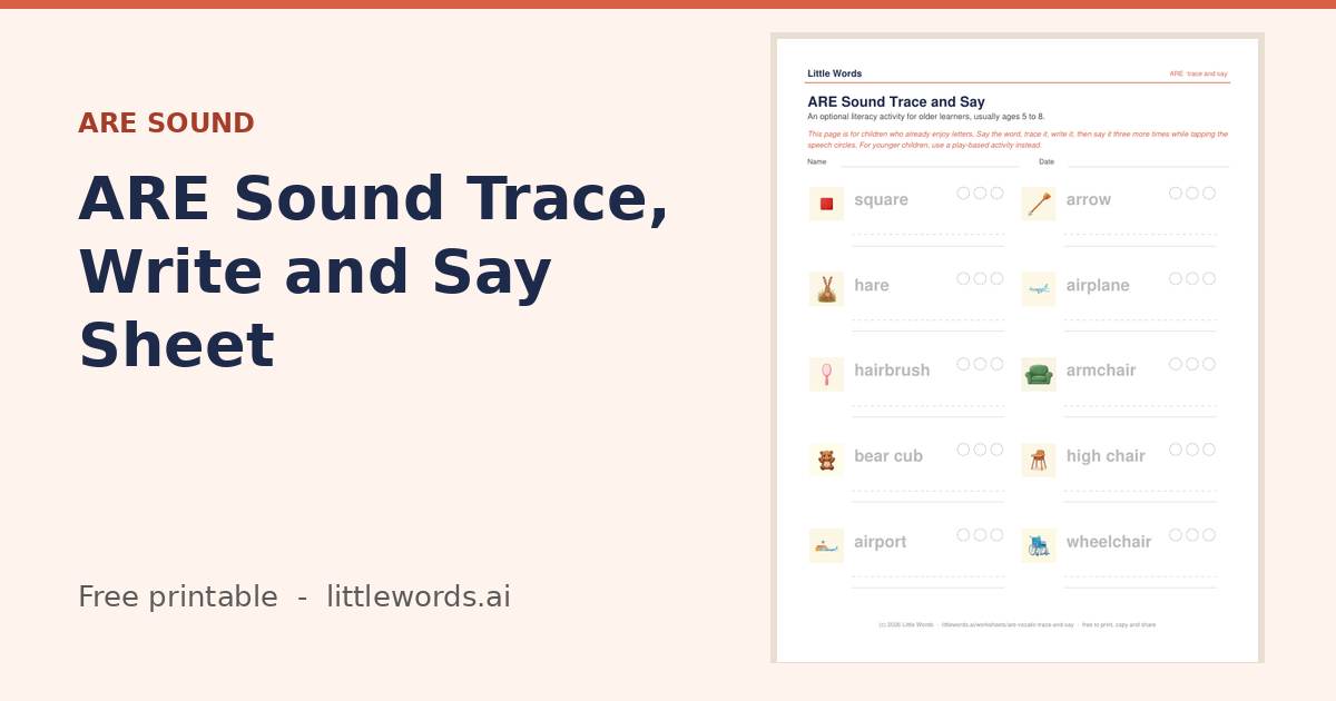 ARE Sound Trace, Write and Say Sheet, a Little Words printable