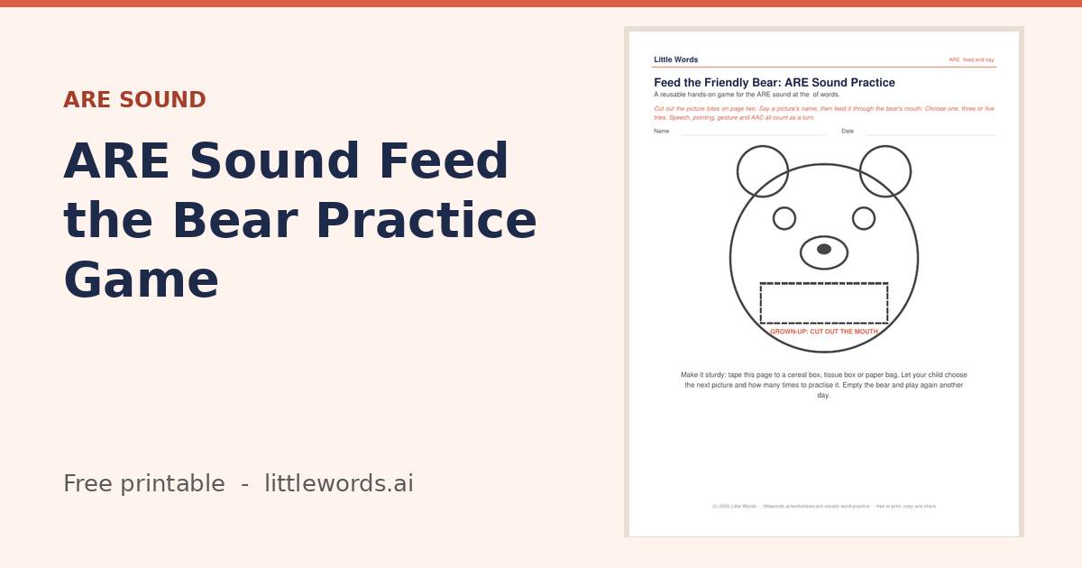 ARE Sound Feed the Bear Practice Game, a Little Words printable