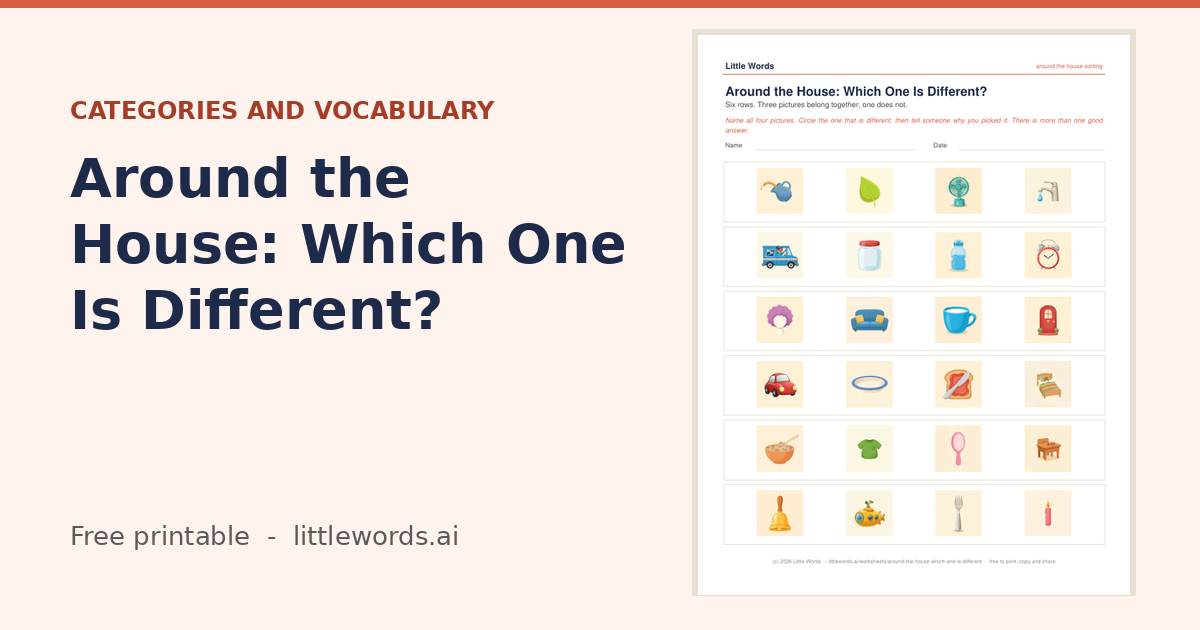 Around the House: Which One Is Different?, a free Little Words printable