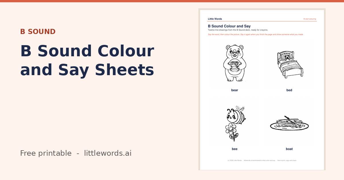 B Sound Colour and Say Sheets, a free Little Words printable