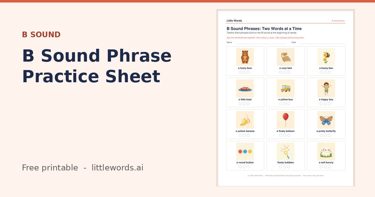 B Sound Phrase Practice Sheet, a free Little Words printable