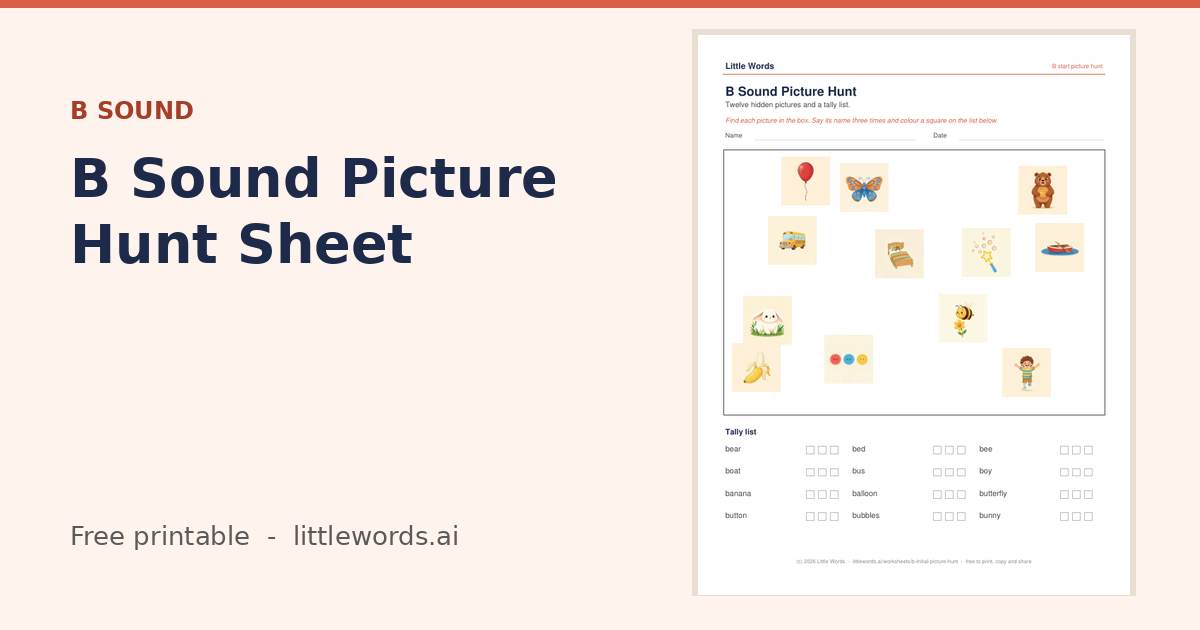 B Sound Picture Hunt Sheet, a free Little Words printable