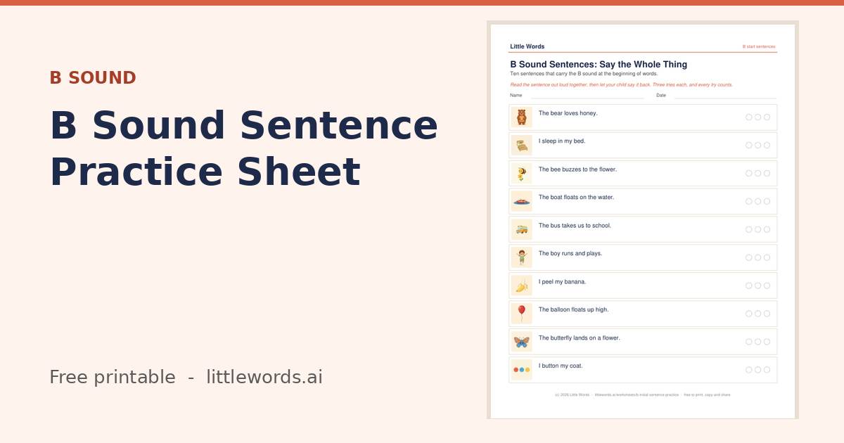 B Sound Sentence Practice Sheet, a free Little Words printable