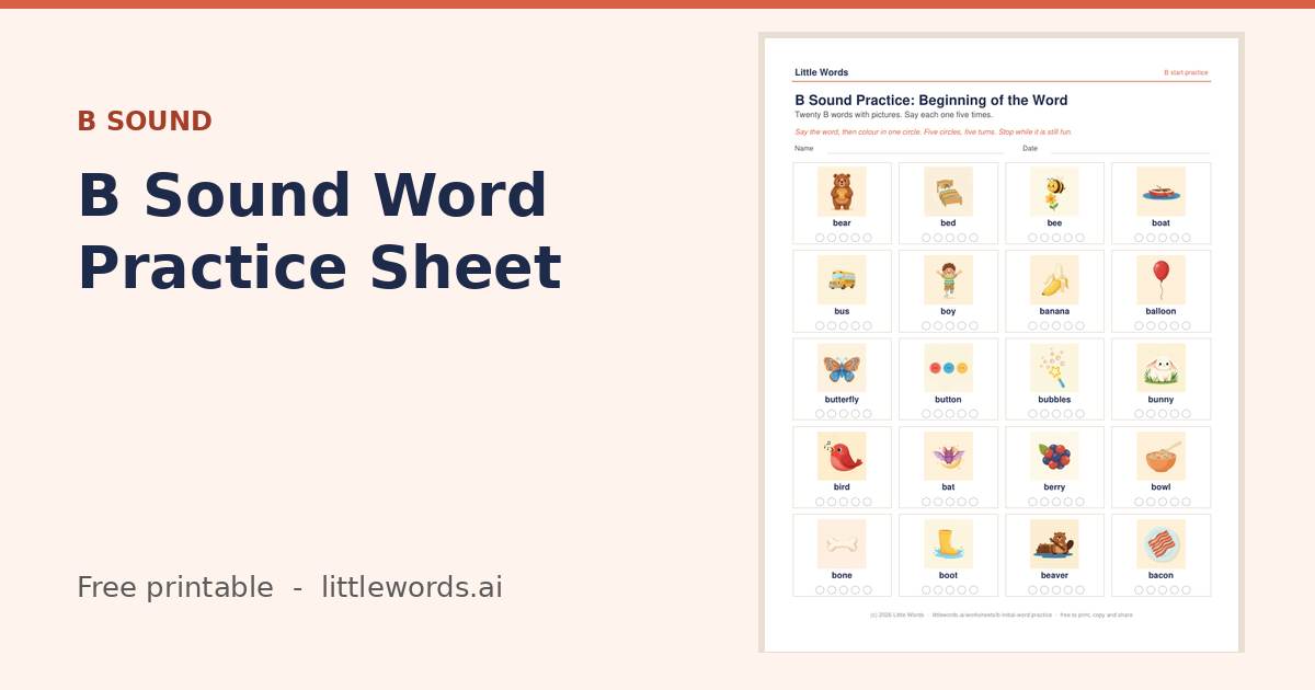 B Sound Word Practice Sheet, a free Little Words printable