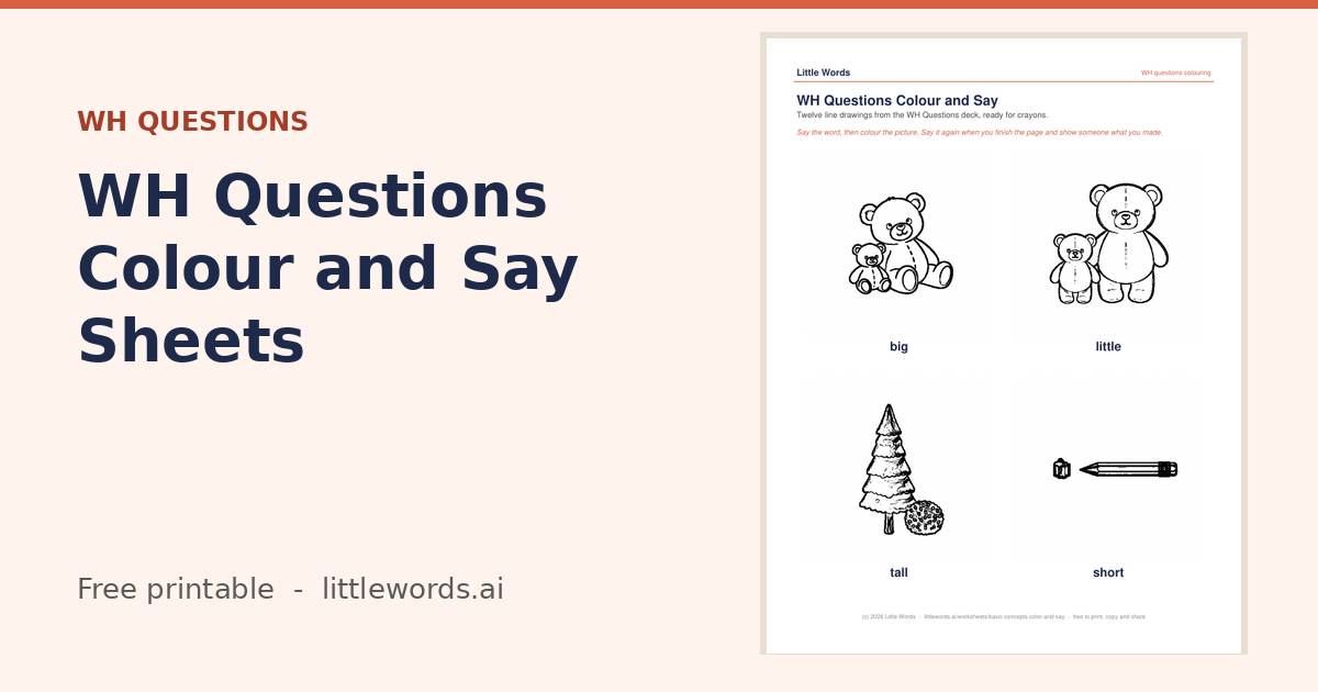 Basic Concepts Colour and Say Sheets, a Little Words printable