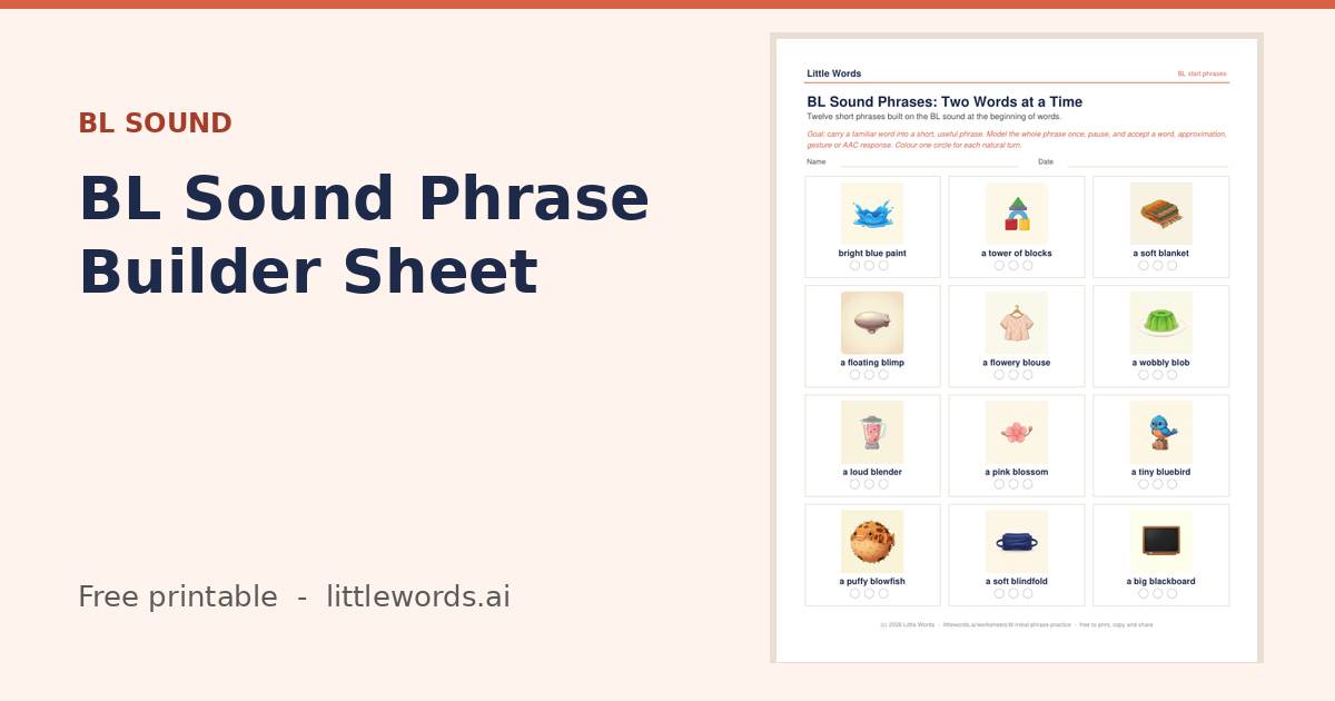 Initial BL Sound Phrase Builder Sheet, a Little Words printable